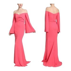 BADGLEY MISCHKA Coral Pink Off the Shoulder Bell Sleeve Maxi Gown Size 2 NWT